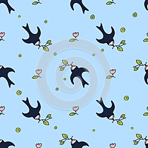 Swallow-bird with a twig. Flying swallows. Bird in flight isolated on blue background. Vector illustration