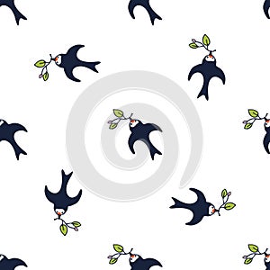 Swallow-bird with a twig. Flying swallows. Bird in flight isolated on wite background. Vector illustration