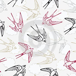 Swallow bird vector seamless pattern, hand drawn