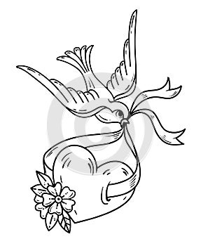 Swallow carries over heart on ribbon. Tattoo heart with flowers and bird. Symbol of luck. Black and white tattoo