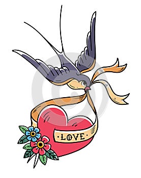 Swallow carries over red heart on ribbon with lettering Love. Valentines Day. Tattoo heart with flowers and bird.