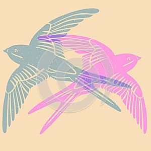 Swallow. Colorful cute screen printing effect. Riso print effect. Vector