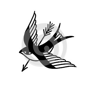 Swallow doodle illustration, traditional tattoo, vector line illustration