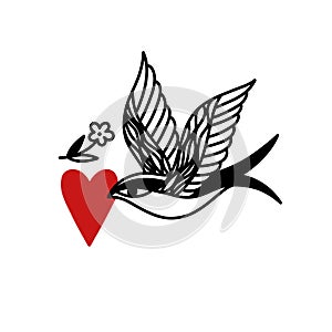 Swallow with heart, traditional tattoo design doodle icon, vector color line illustration
