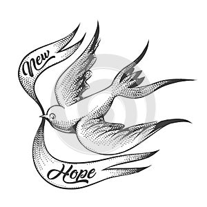 The Swallow and Ribbon with  Wording New Hope Tattoo