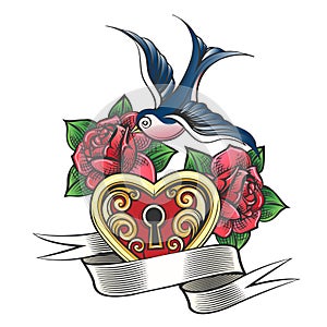 Swallow with Rose and Heart Tattoo