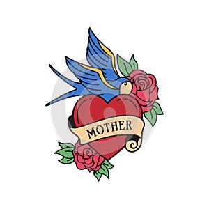 Swallow and roses tattoo with wording mother. Traditional tattoo flowers old school tattooing style ink