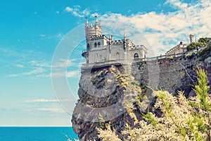 Swallow`s Nest castle on cliff at Black Sea in Crimea