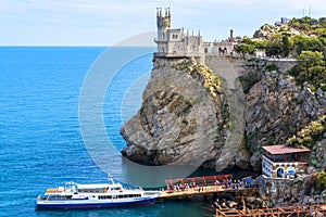 Swallow`s Nest castle at the rocky coast of the Black Sea, Crimea
