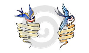 Swallows holding ribbon set. Birds with blank banner. Old school traditional tattoo hand drawn vector illustration