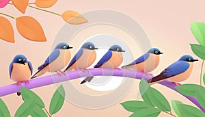 Swallows sit on a branch on a full-moon night, AI generated