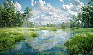 Swamp grass in a river in a green forest on a cloudy day.