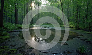 Swamp grass in a river in a green forest on a cloudy day.