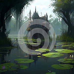 Swamp Wetlands Landscape DND Roleplaying Mysterious Witches House Environment Concept Water Generative AI