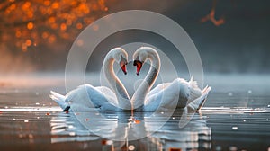 Swan Fall Love , Birds couple Kiss, Two Animal Heart Shape.