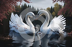 swan fall in love, birds couple kiss, two animal heart shape in water