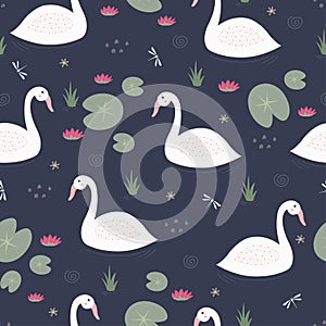 The swan floats in the lake Seamless pattern Cute cartoon animals on the blue background