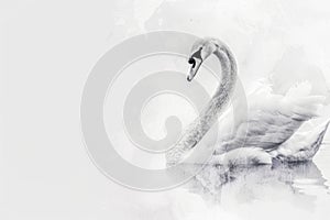 Swan glides gracefully through the water on black and white background