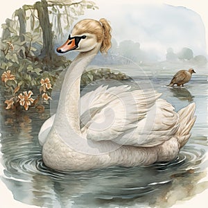 Watercolor Swan Illustration In Beatrix Potter Style photo