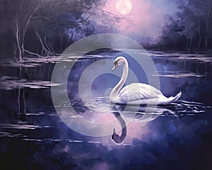swan gracefully gliding across a moonlit lake. sense of enchantment and magic