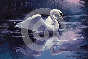 swan gracefully gliding across a moonlit lake. sense of enchantment and magic