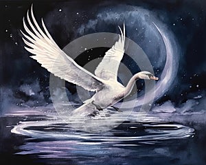 swan gracefully gliding across a moonlit lake. sense of enchantment and magic