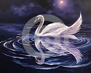 swan gracefully gliding across a moonlit lake. sense of enchantment and magic