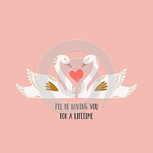 Swan love card for Valentines day. Swan couple sweet cartoon vector illustration with heart.