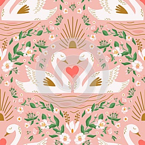 Swan pattern. Cute swan couple pink seamless background, floral branches, heart. Romantic vector print