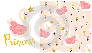 Swan princess composition with tulip flowers seamless pattern. Vector fairy tale cute illustration in hand-drawn