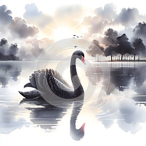 Swan Reflections, Nature's Brushstrokes Creating a Tranquil Water Ballet. Generative ai for illustrations