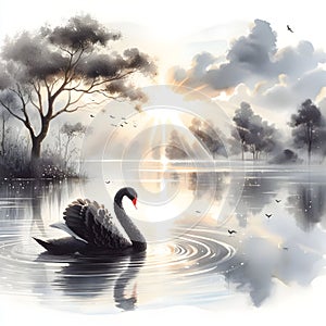 Swan Reflections, a Serene Symphony of Grace and Tranquility in Nature's Mirror. Generative ai for illustrations