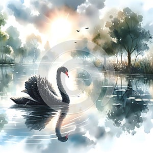 Swan Reflections on Still Waters, a Ballet of Elegance and Natural Serenity. Generative ai for illustrations