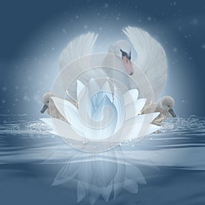 Swan Song, Fantasy Swan And Lotus Blossom