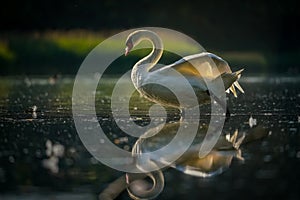 Swan stretching on misty lake