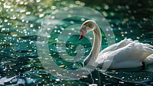 A swan swimming in a lake with lots of bubbles, AI