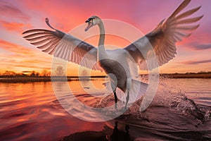 swan taking flight against an orange sky in a coastal, ai generated