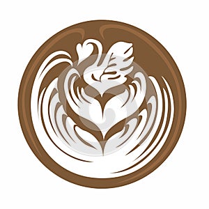 Swan with Tulip Heart Coffee Latte art Logo isolated on white background, Digital illustration