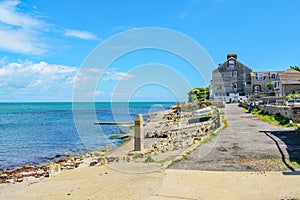 Swanage`s pretty and colourful coastal walk to Peveril Point on a summer day