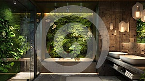 Swanky ensuite showcases twin vanities, hanging lights, cozy floors, eco vertical garden photo