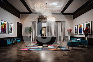 swanky reception with sleek and modern decor, accentuated by pops of color