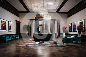 swanky reception with sleek and modern decor, accentuated by pops of color photo