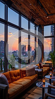 Swanky rooftop bar with panoramic city views and luxe decor photo
