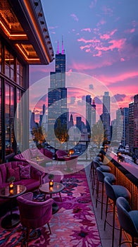 Swanky rooftop bar with panoramic city views and luxe decor photo