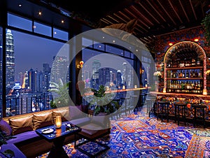 Swanky rooftop bar with panoramic city views and luxe decor3D render photo