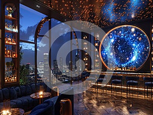 Swanky rooftop bar with panoramic city views and luxe decor3D render photo