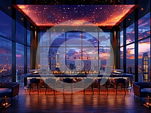 Swanky rooftop bar with panoramic city views and luxe decor3D render photo