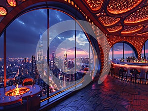 Swanky rooftop bar with panoramic city views and luxe decor3D render photo