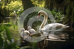 swans and babies swim in a clear river in a deep forest, ai generated