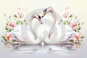 Swans couple in love on background with roses. Symbol of love and faithfulness. Wedding background. Generative AI